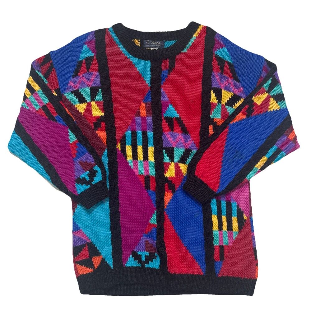Vintage 90S Alpaca Hand Loomed Colorful Sweater 100% Alpaca Wool Retro Size M
